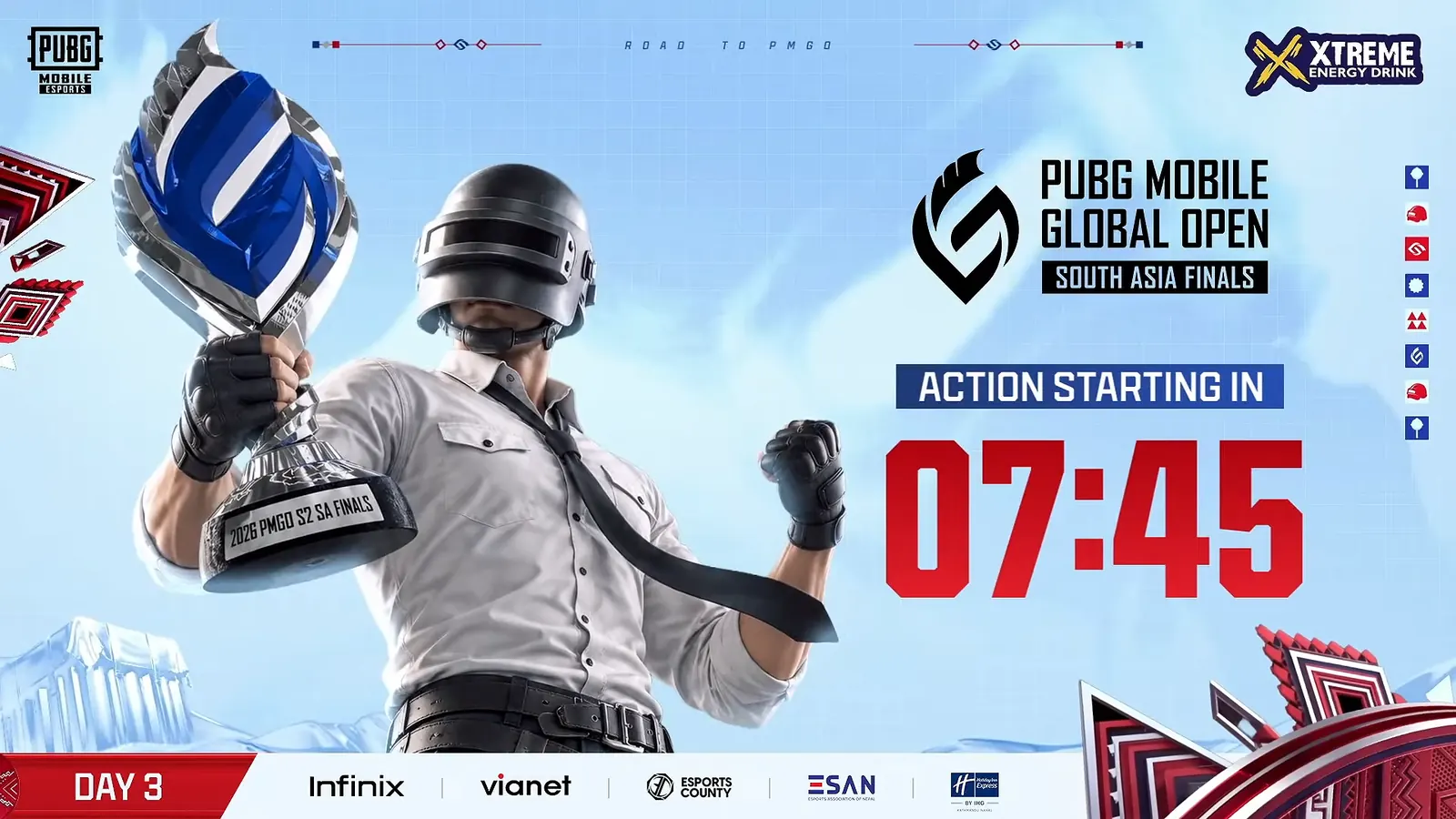 The opening screen of the PMGO South Asia Finals Day 3 broadcast.