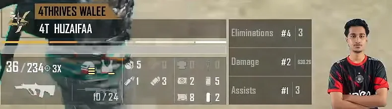Close-up of the player card: eliminations #4, damage #2, assists #1, with the player photo.
