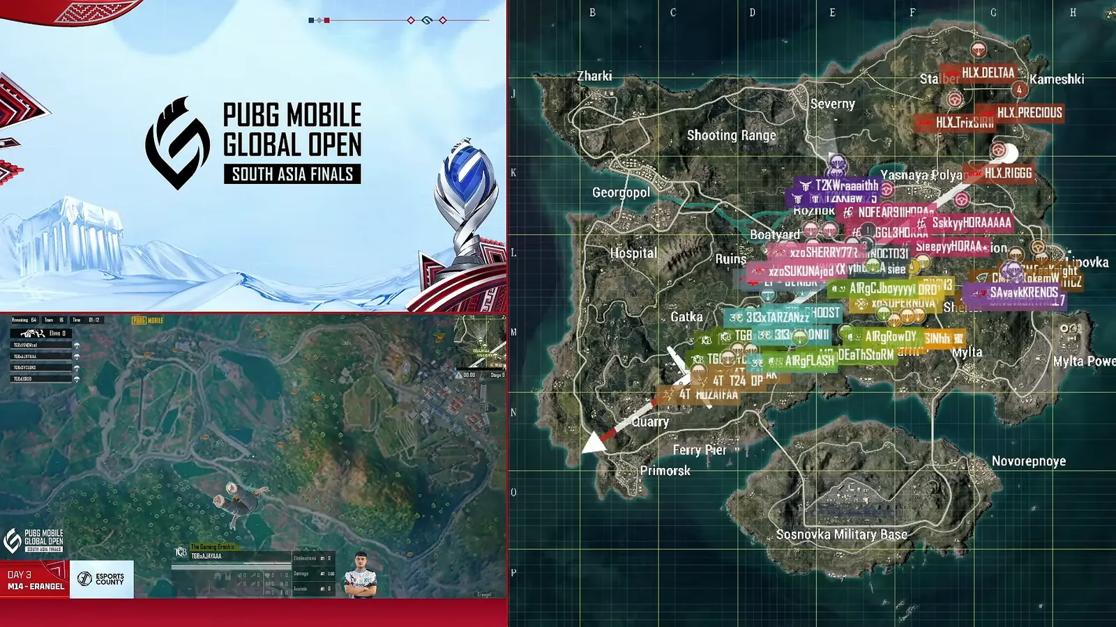 The live map: every player’s position and name, with the flight path, next to the game feed.