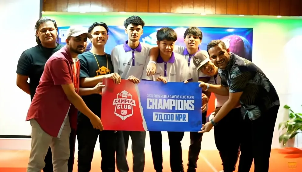 Campus Club Nepal 2025 champions on stage holding the winners’ board