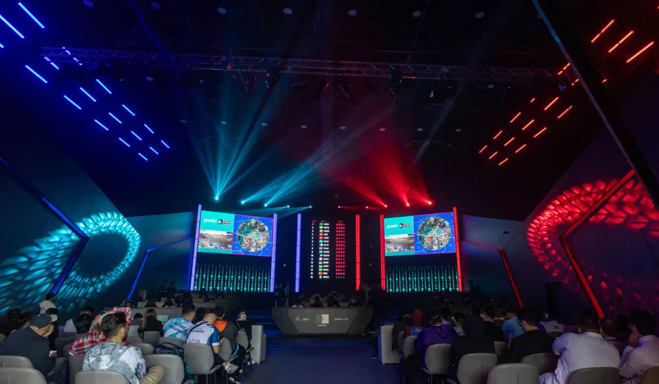 The arena at the Riyadh 2023 Global Esports Games, with PUBG MOBILE on the stage screens