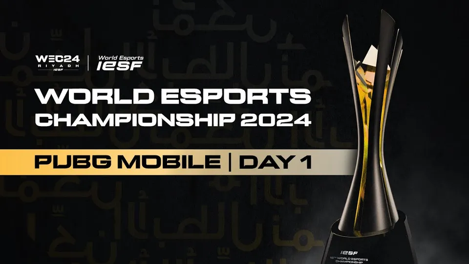 IESF World Esports Championship 2024 PUBG MOBILE Day 1 title card with the trophy