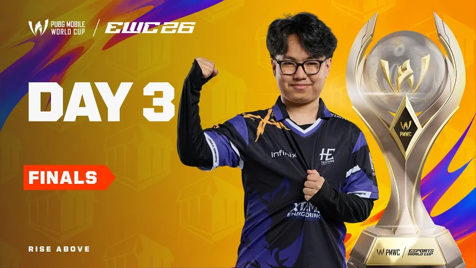 PUBG MOBILE World Cup 2026 finals day 3 key visual with a player and the trophy