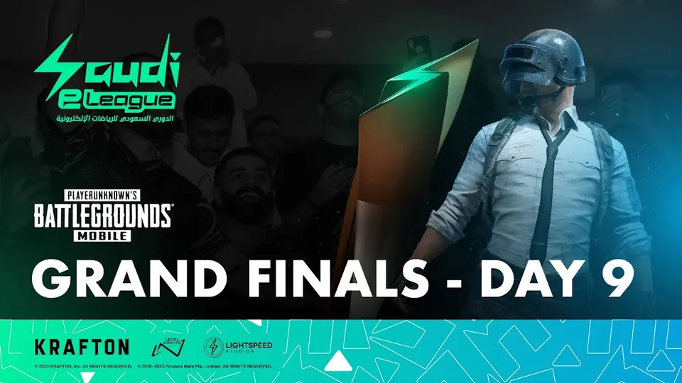 Saudi eLeague 2023 PUBG MOBILE grand finals title card with an in-game character