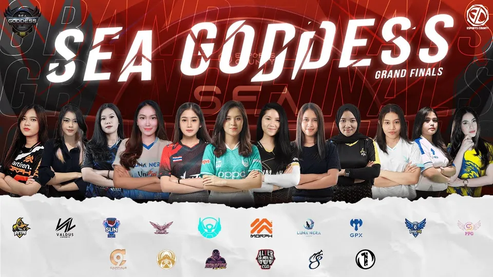 SEA Goddess Series grand finals key visual with the competing players and team logos